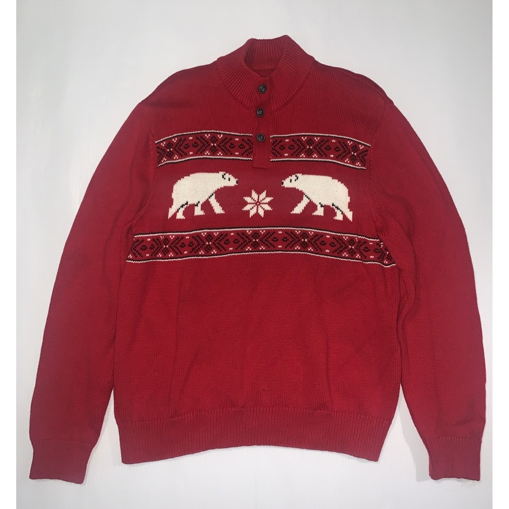 Chaps Polar Bear Knit Henley Christmas Sweater Fair-isle Red Winter Men's Large